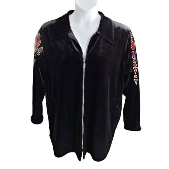 Vintage Bob Mackie Wearable Art XL Velour Jacket Zip Embroidered Gemstone Design - Picture 2 of 10